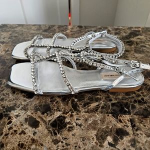 Antonio MelaniDayla Metallic Leather Jeweled T-Strap Flat Sandals Silver